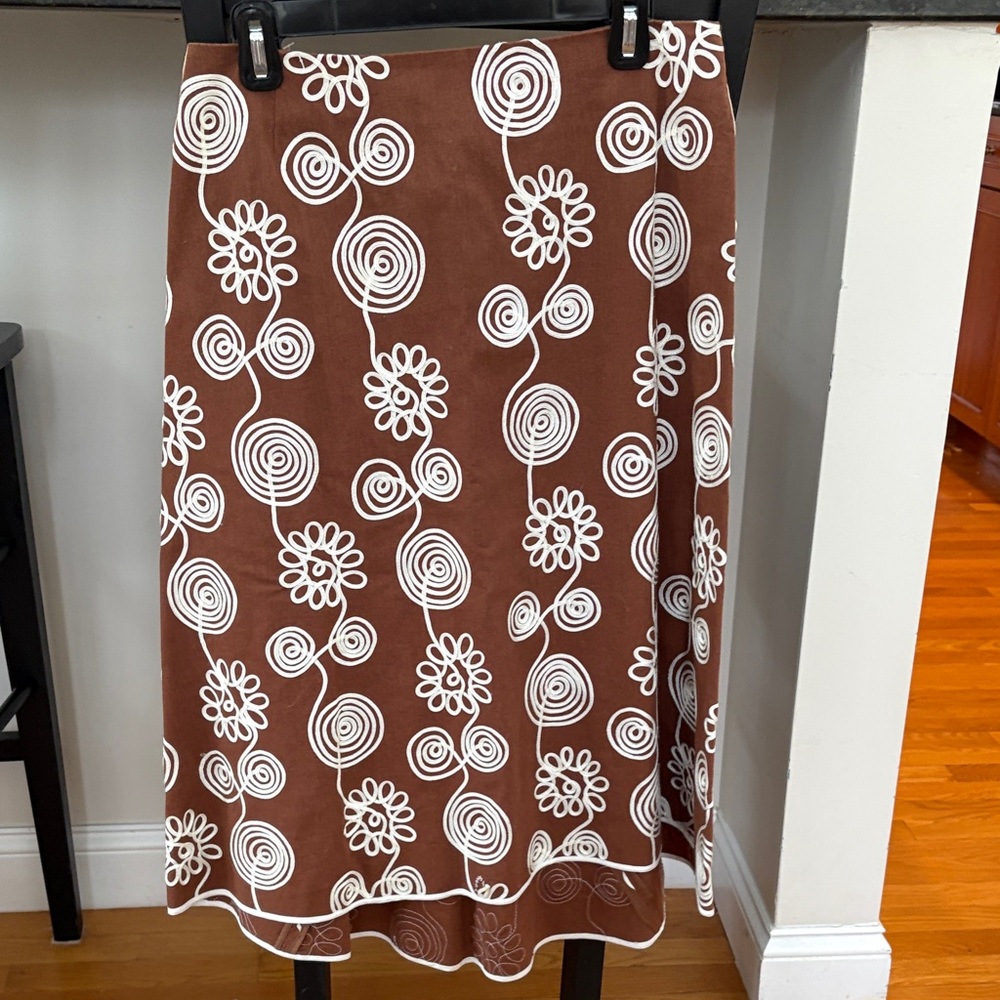 Brown Floral-Print Midi Skirt with White Swirl Motif
